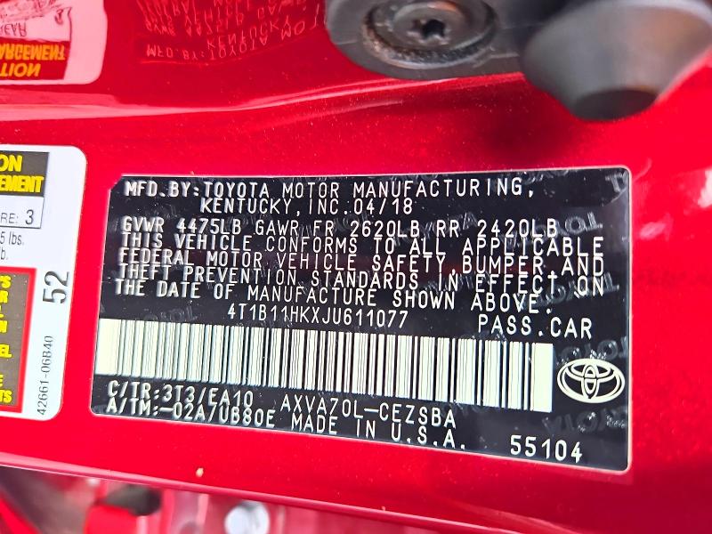 2018 Toyota Camry მანქანა იყიდება აუქციონზე, vin: 4T1B11HKXJU611077, აუქციონის ნომერი: 71059216