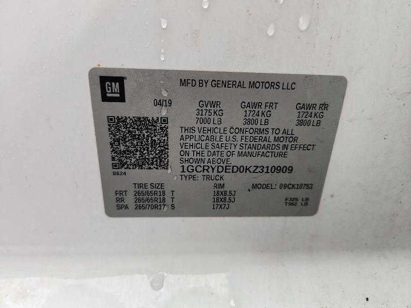 Auction sale of the 2019 Chevrolet Silverado, vin: 1GCRYDED0KZ310909, lot number: 73229716