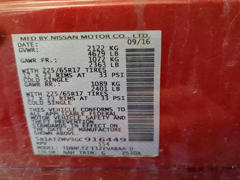 2016 Nissan Rogue მანქანა იყიდება აუქციონზე, vin: 5N1AT2MV9GC916449, აუქციონის ნომერი: 71891156