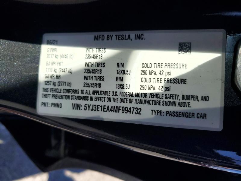 Продаж на аукціоні авто 2021 Tesla Model 3, vin: 5YJ3E1EA4MF994732, номер лоту: 71213766