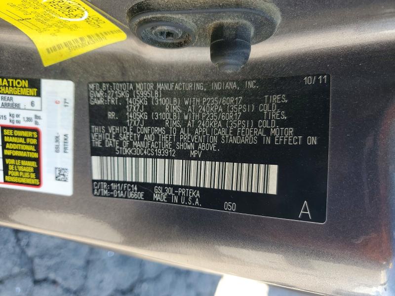 Aukcja sprzedaży 2012 Toyota Sienna, vin: 5TDKK3DC4CS193912, numer aukcji: 70998636
