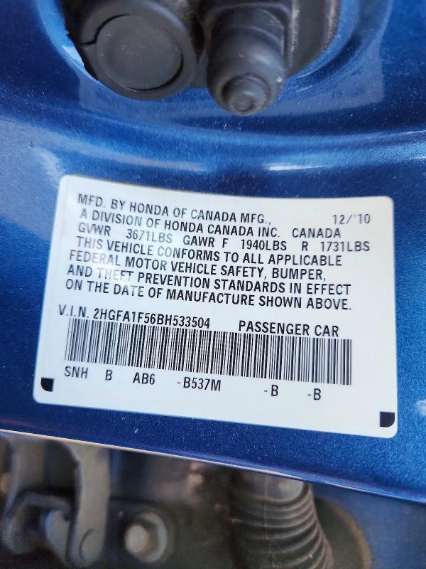 Продажа на аукционе авто 2011 Honda Civic, vin: 2HGFA1F56BH533504, номер лота: 54321156