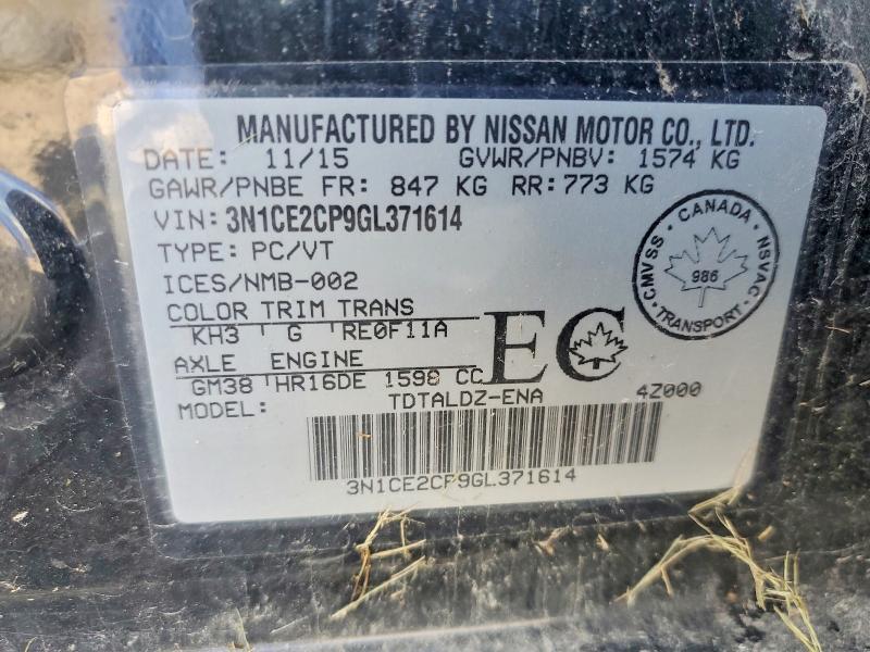 2016 Nissan Versa Note მანქანა იყიდება აუქციონზე, vin: 3N1CE2CP9GL371614, აუქციონის ნომერი: 71545206