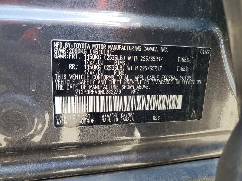 71620066 :رقم المزاد ، 2T3P1RFV8NC282279 vin ، 2022 Toyota Rav4 مزاد بيع