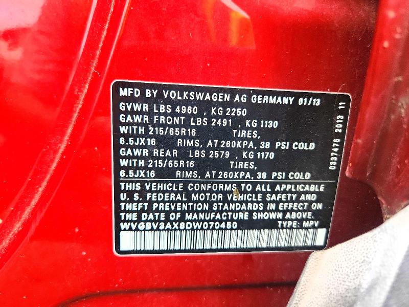 71079066 :رقم المزاد ، WVGBV3AX8DW070450 vin ، 2013 Volkswagen Tiguan مزاد بيع