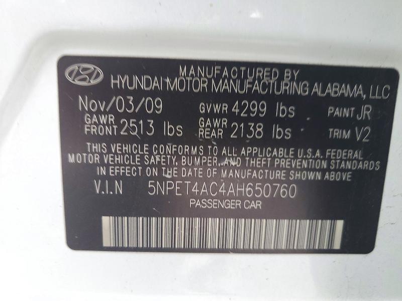 2010 Hyundai Sonata მანქანა იყიდება აუქციონზე, vin: 5NPET4AC4AH650760, აუქციონის ნომერი: 73657996