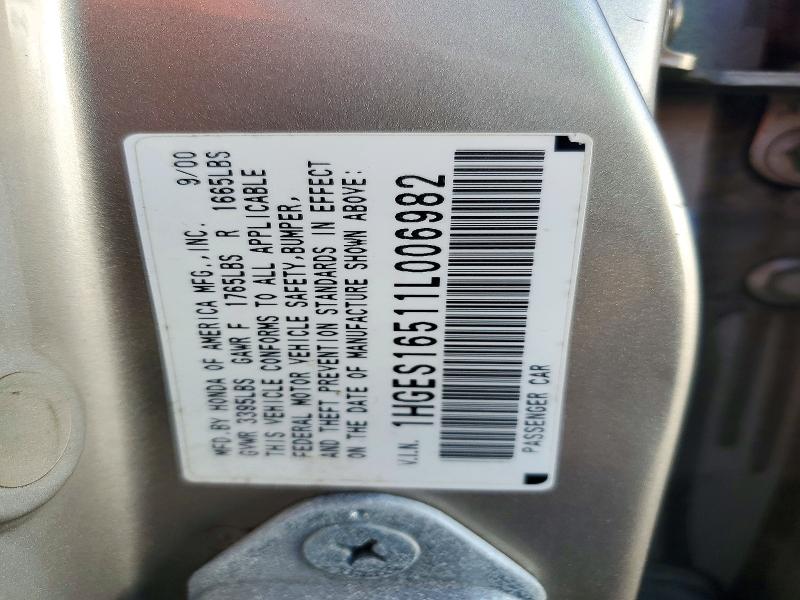 2001 Honda Civic მანქანა იყიდება აუქციონზე, vin: 1HGES16511L006982, აუქციონის ნომერი: 72799666
