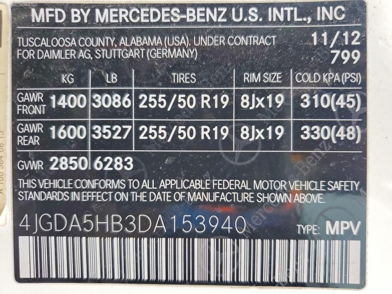 2013 Mercedes-benz Ml მანქანა იყიდება აუქციონზე, vin: 4JGDA5HB3DA153940, აუქციონის ნომერი: 71503126