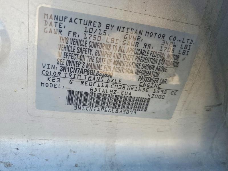 2016 Nissan Versa მანქანა იყიდება აუქციონზე, vin: 3N1CN7AP6GL833899, აუქციონის ნომერი: 71463106