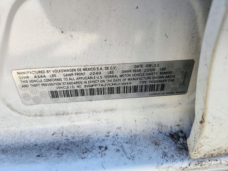 2012 Volkswagen Jetta მანქანა იყიდება აუქციონზე, vin: 3VWPP7AJ7CM623849, აუქციონის ნომერი: 70394706