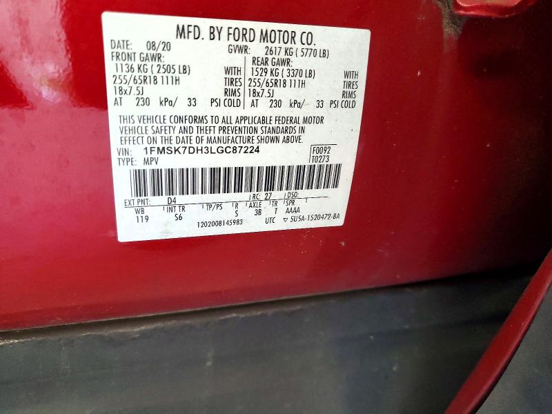 Продаж на аукціоні авто 2020 Ford Explorer, vin: 1FMSK7DH3LGC87224, номер лоту: 70730466