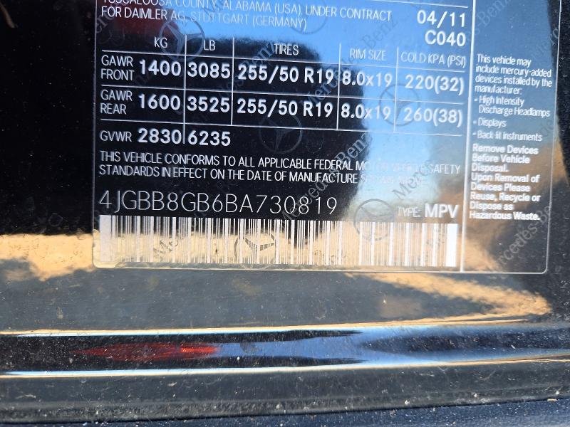 Aukcja sprzedaży 2011 Mercedes-benz Ml, vin: 4JGBB8GB6BA730819, numer aukcji: 72826666
