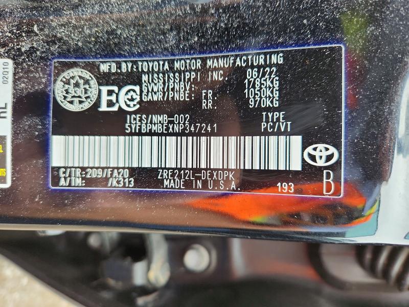 Aukcja sprzedaży 2022 Toyota Corolla, vin: 5YFBPMBEXNP347241, numer aukcji: 71078916