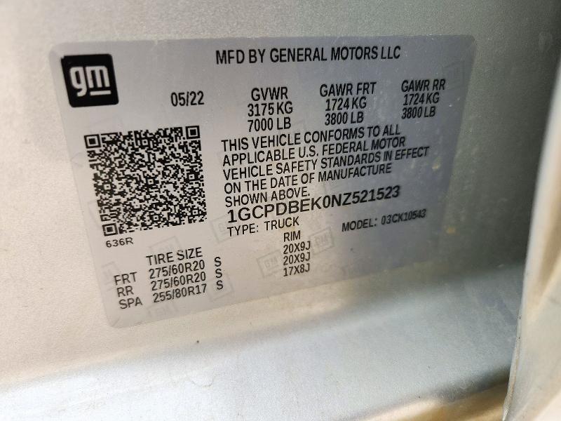 72452316 :رقم المزاد ، 1GCPDBEK0NZ521523 vin ، 2022 Chevrolet Silverado مزاد بيع