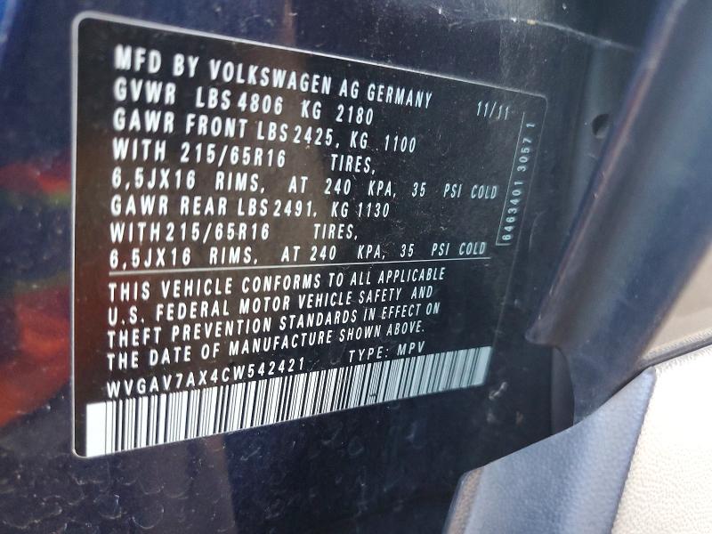 Продаж на аукціоні авто 2012 Volkswagen Tiguan, vin: WVGAV7AX4CW542421, номер лоту: 72001536