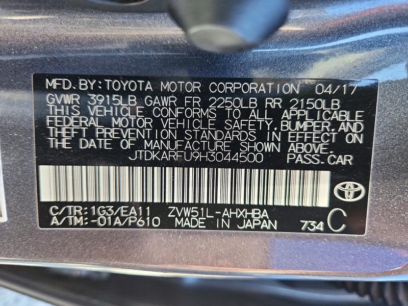 71651606 :رقم المزاد ، JTDKARFU9H3044500 vin ، 2017 Toyota Prius مزاد بيع