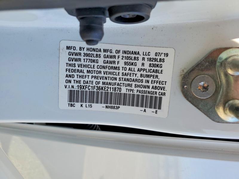 Продаж на аукціоні авто 2019 Honda Civic, vin: 19XFC1F36KE211870, номер лоту: 71816966