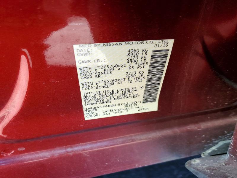 2016 Nissan Titan Xd მანქანა იყიდება აუქციონზე, vin: 1N6BA1F46GN502303, აუქციონის ნომერი: 73062626