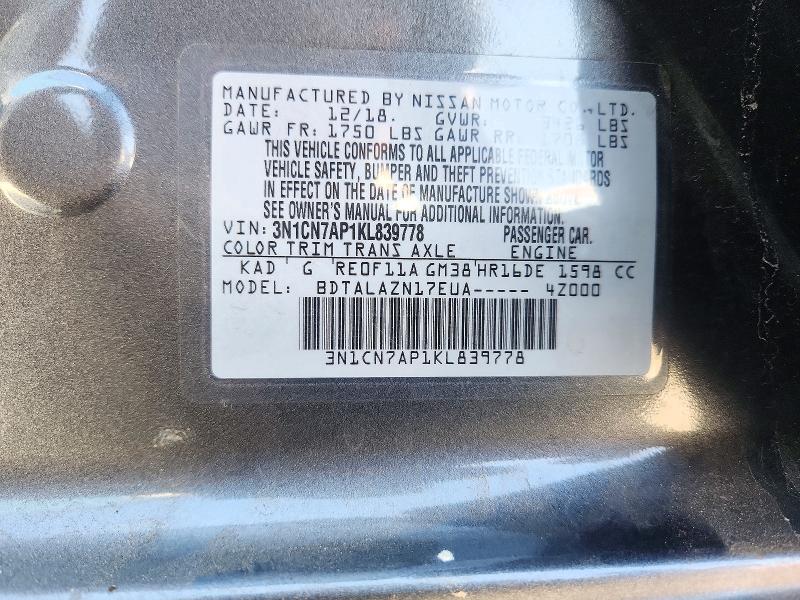 Продаж на аукціоні авто 2019 Nissan Versa, vin: 3N1CN7AP1KL839778, номер лоту: 68941856