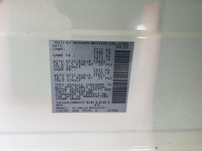 72396396 :رقم المزاد ، 5N1AR2MMXFC661685 vin ، 2015 Nissan Pathfinder مزاد بيع