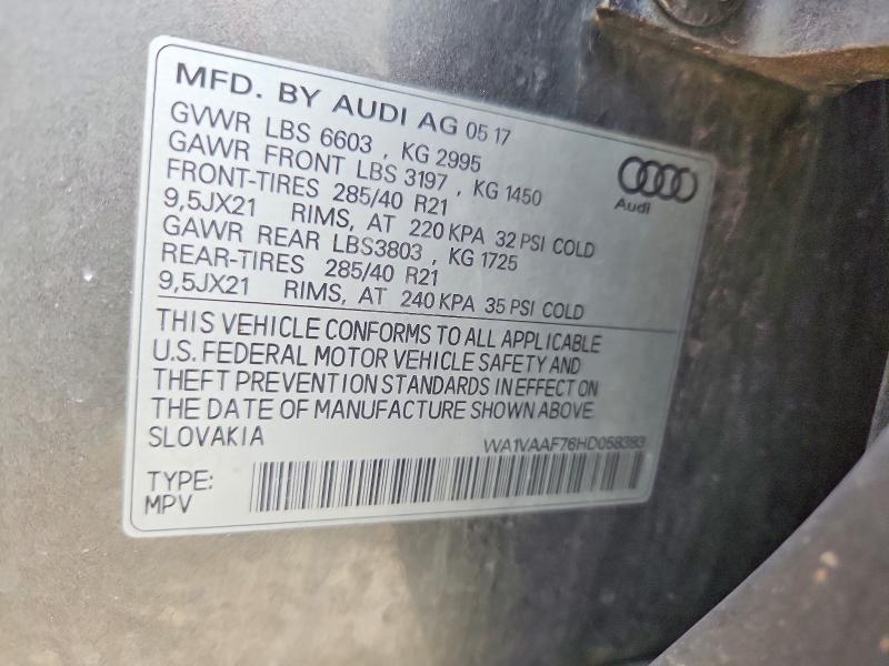 2017 Audi Q7 მანქანა იყიდება აუქციონზე, vin: WA1VAAF76HD058383, აუქციონის ნომერი: 72002446
