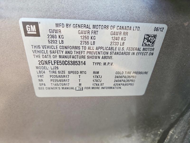 70734586 :رقم المزاد ، 2GNFLFE50C6385314 vin ، 2012 Chevrolet Equinox مزاد بيع