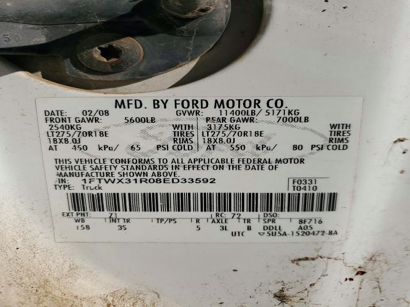 2008 Ford F350 მანქანა იყიდება აუქციონზე, vin: 1FTWX31R08ED33592, აუქციონის ნომერი: 71451826