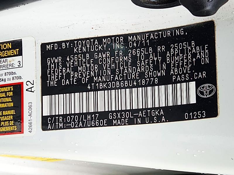 2011 Toyota Avalon მანქანა იყიდება აუქციონზე, vin: 4T1BK3DB6BU418778, აუქციონის ნომერი: 72998516