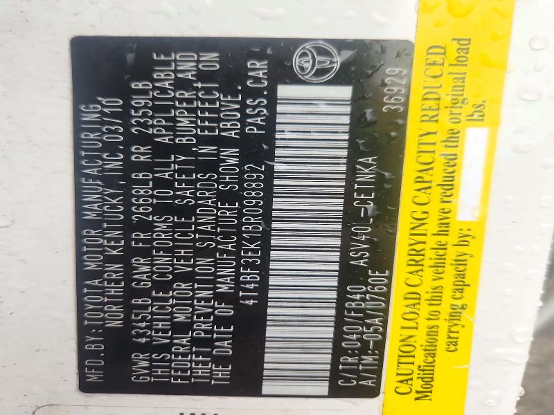 2011 Toyota Camry მანქანა იყიდება აუქციონზე, vin: 4T4BF3EK1BR098892, აუქციონის ნომერი: 71951216
