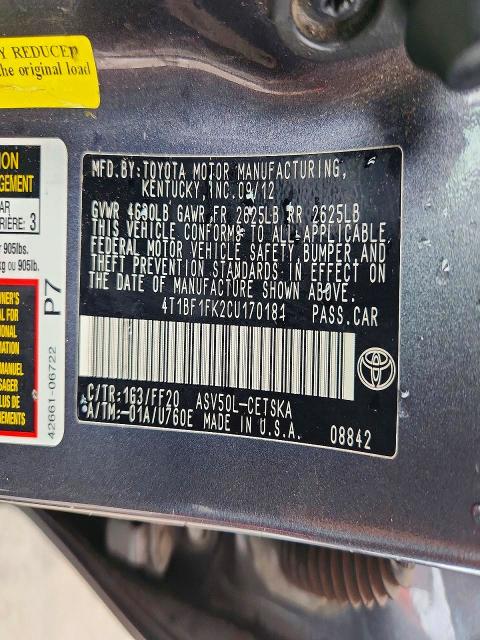 71287696 :رقم المزاد ، 4T1BF1FK2CU170181 vin ، 2012 Toyota Camry مزاد بيع