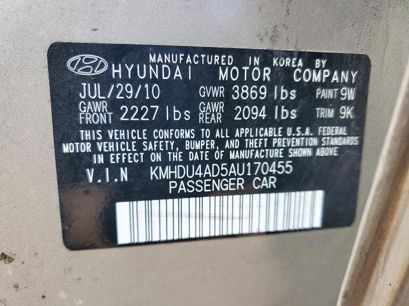 2010 Hyundai Elantra მანქანა იყიდება აუქციონზე, vin: KMHDU4AD5AU170455, აუქციონის ნომერი: 72143186