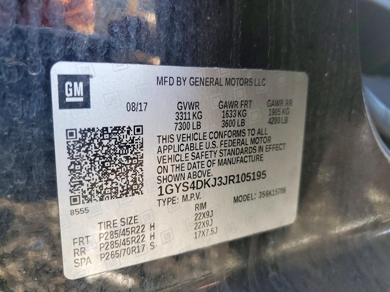 2018 Cadillac Escalade მანქანა იყიდება აუქციონზე, vin: 1GYS4DKJ3JR105195, აუქციონის ნომერი: 72908746
