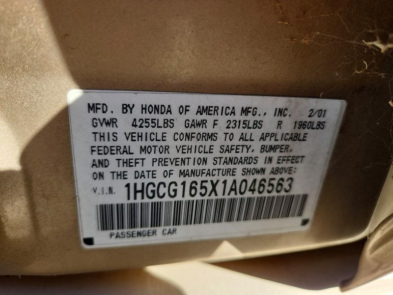 Aukcja sprzedaży 2001 Honda Accord, vin: 1HGCG165X1A046563, numer aukcji: 72631586