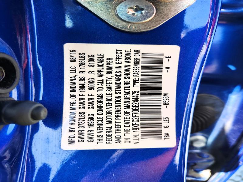 2016 Honda Civic მანქანა იყიდება აუქციონზე, vin: 19XFC2F70GE244475, აუქციონის ნომერი: 72845526