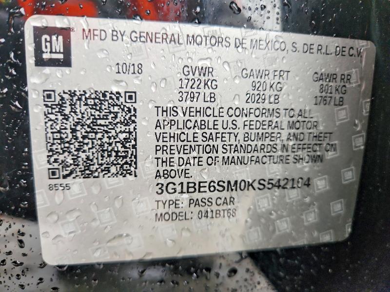 70385976 :رقم المزاد ، 3G1BE6SM0KS542104 vin ، 2019 Chevrolet Cruze مزاد بيع