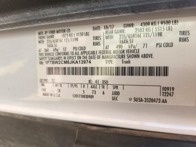 2018 Ford Transit მანქანა იყიდება აუქციონზე, vin: 1FTBW2CM8JKA13974, აუქციონის ნომერი: 72727706