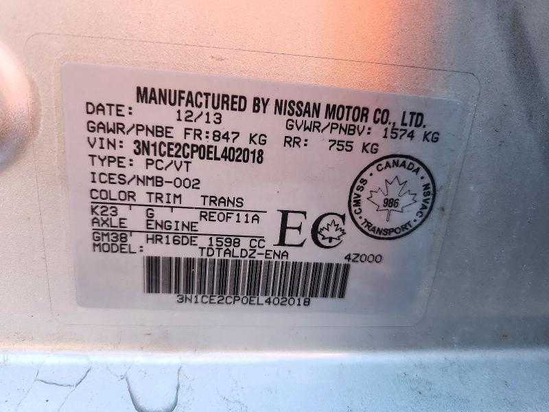 72411326 :رقم المزاد ، 3N1CE2CP0EL402018 vin ، 2014 Nissan Versa Note مزاد بيع