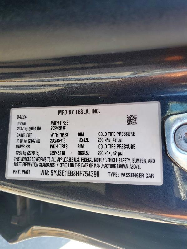 72595166 :رقم المزاد ، 5YJ3E1EB8RF754390 vin ، 2024 Tesla Model 3 مزاد بيع