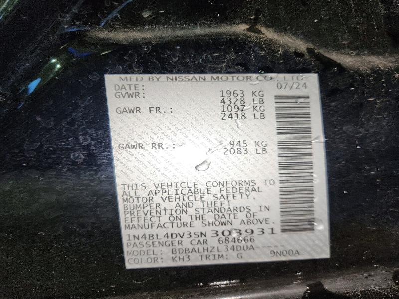 2025 Nissan Altima მანქანა იყიდება აუქციონზე, vin: 1N4BL4DV3SN303931, აუქციონის ნომერი: 71905686