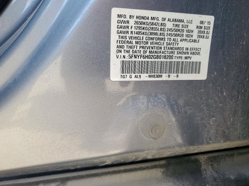 72776856 :رقم المزاد ، 5FNYF6H02GB018200 vin ، 2016 Honda Pilot مزاد بيع
