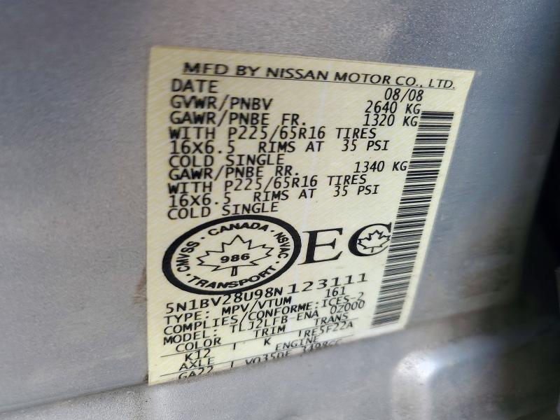 Продаж на аукціоні авто 2008 Nissan Quest, vin: 5N1BV28U98N123111, номер лоту: 72108736