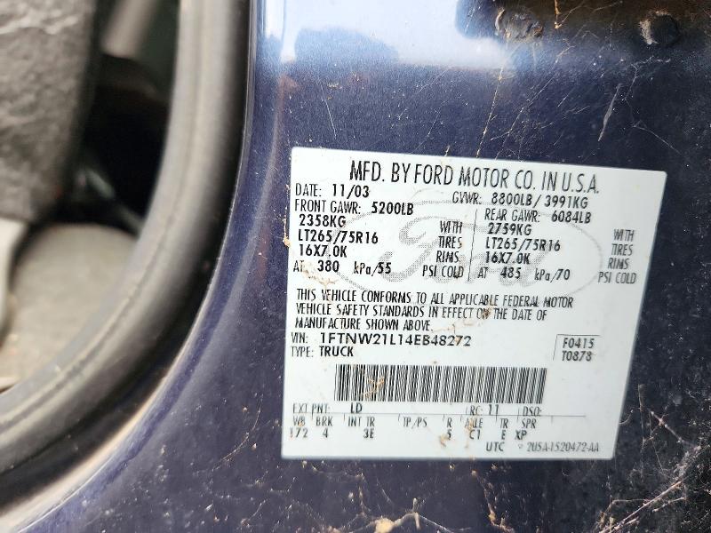 2004 Ford F250 მანქანა იყიდება აუქციონზე, vin: 1FTNW21L14EB48272, აუქციონის ნომერი: 71467396