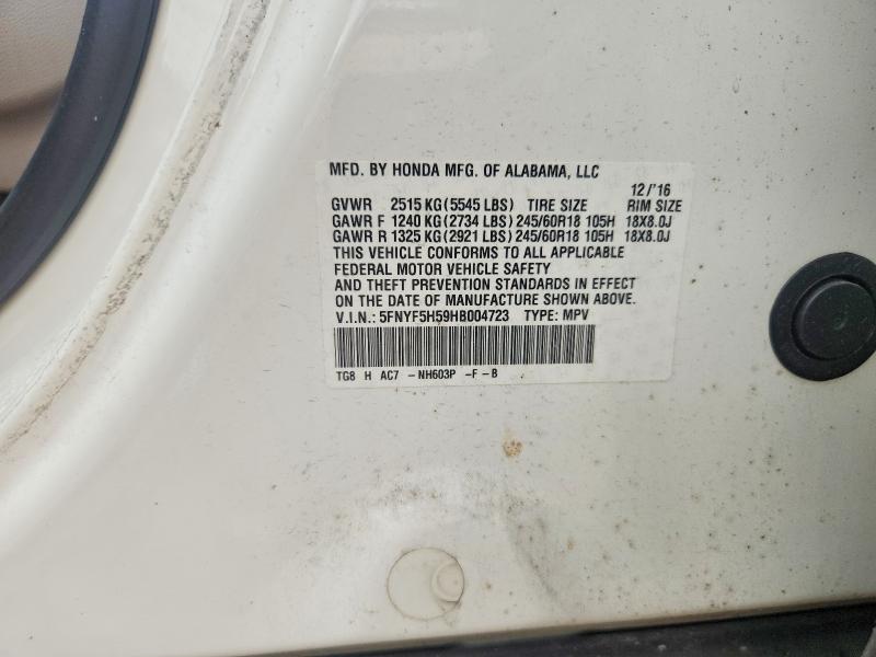 2017 Honda Pilot მანქანა იყიდება აუქციონზე, vin: 5FNYF5H59HB004723, აუქციონის ნომერი: 71775846