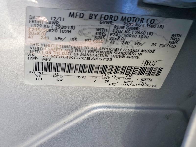 71395276 :رقم المزاد ، 2FMDK4KC2CBA65733 vin ، 2012 Ford Edge مزاد بيع