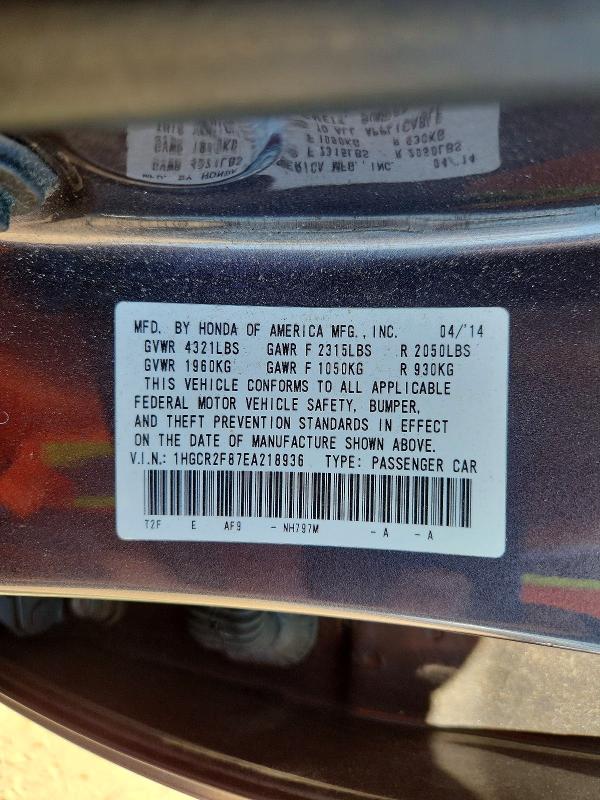 2014 Honda Accord მანქანა იყიდება აუქციონზე, vin: 1HGCR2F87EA218936, აუქციონის ნომერი: 70798936