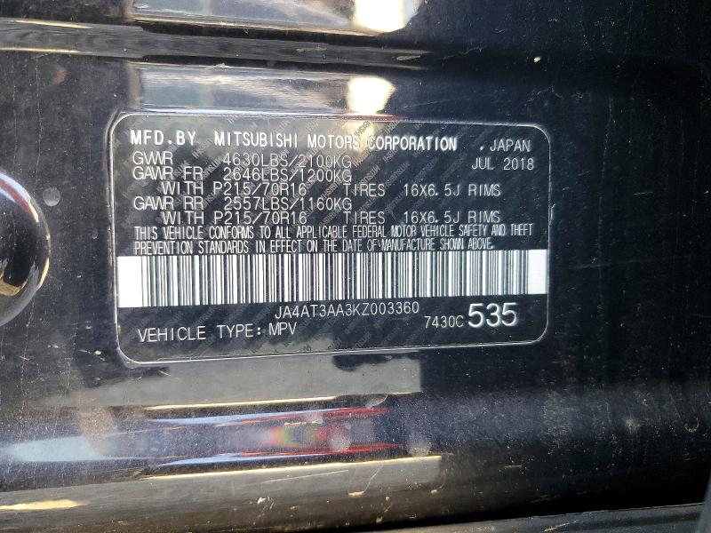 2019 Mitsubishi Eclipse Cross მანქანა იყიდება აუქციონზე, vin: JA4AT3AA3KZ003360, აუქციონის ნომერი: 71060166