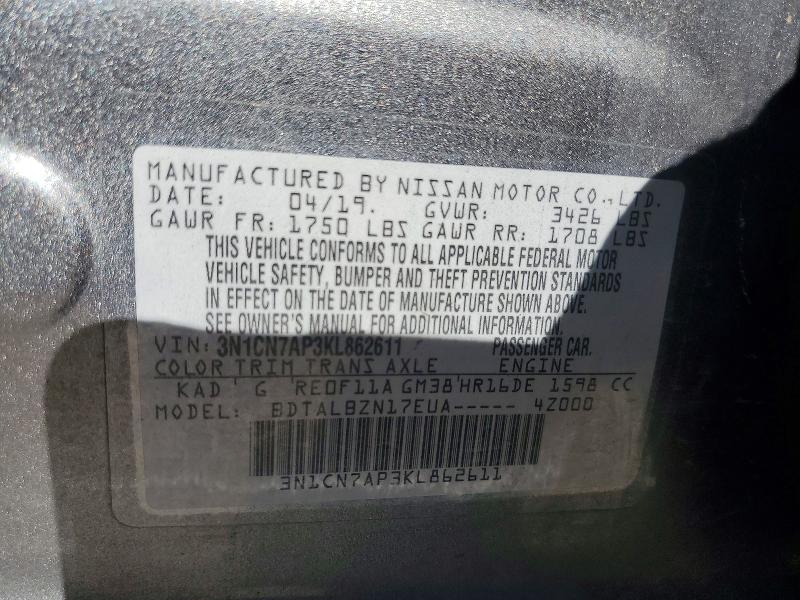 Aukcja sprzedaży 2019 Nissan Versa, vin: 3N1CN7AP3KL862611, numer aukcji: 69208786