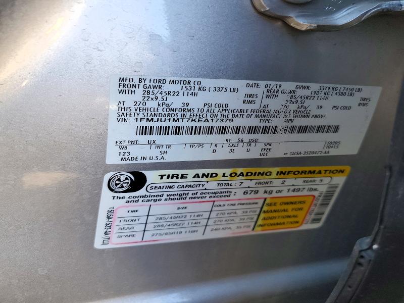 2019 Ford Expedition მანქანა იყიდება აუქციონზე, vin: 1FMJU1MT7KEA17379, აუქციონის ნომერი: 71671446