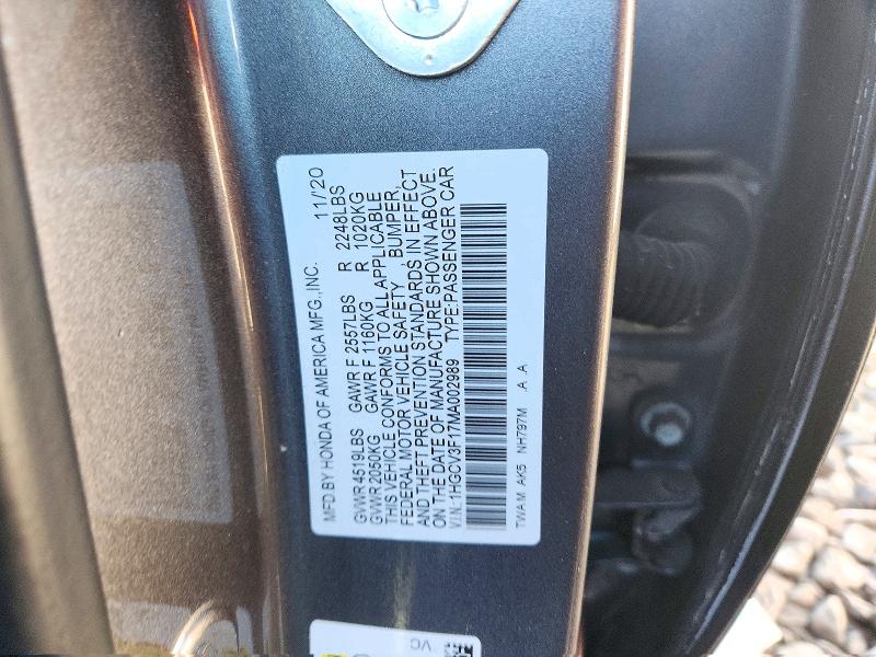 2021 Honda Accord მანქანა იყიდება აუქციონზე, vin: 1HGCV3F17MA002989, აუქციონის ნომერი: 71718346