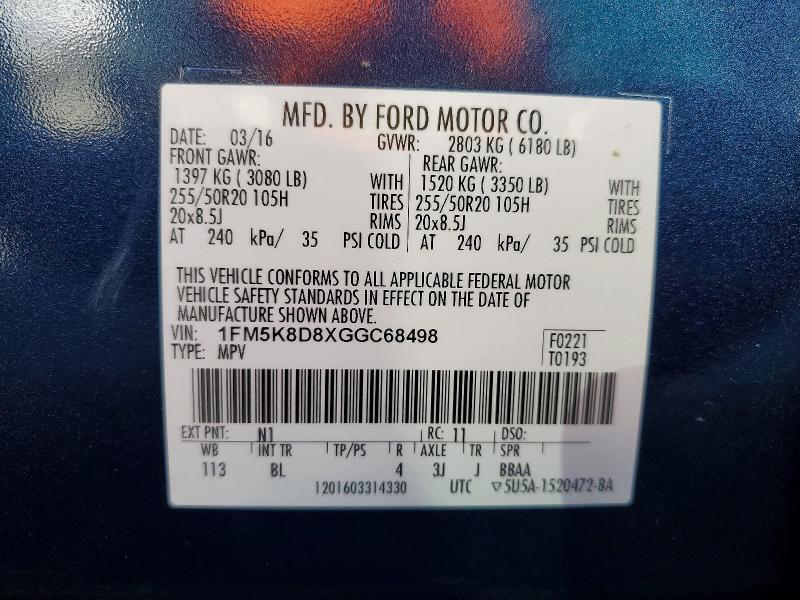71746826 :رقم المزاد ، 1FM5K8D8XGGC68498 vin ، 2016 Ford Explorer مزاد بيع